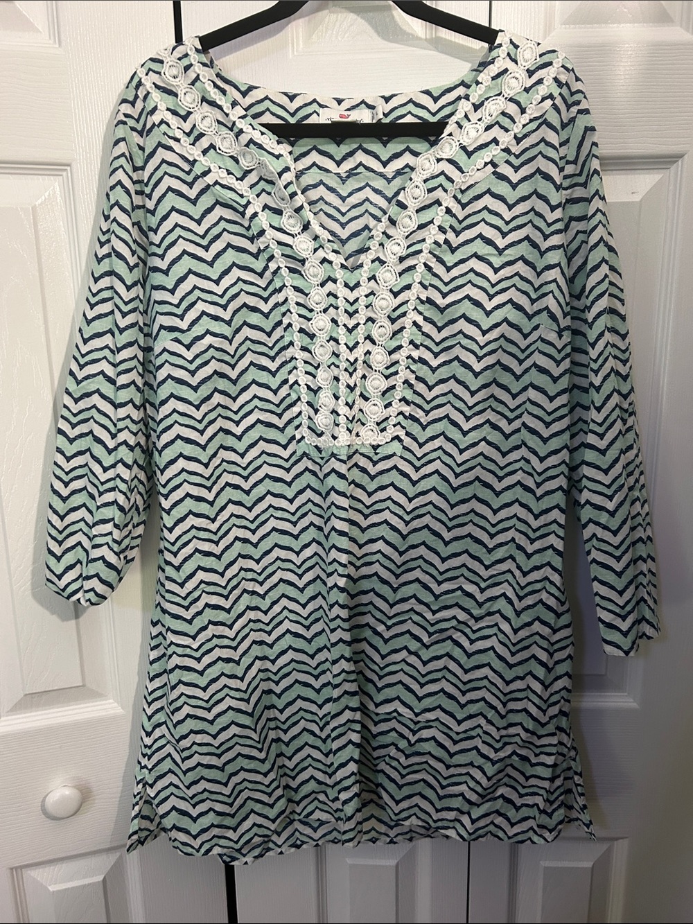 Vineyard Vines Mint and Navy Chevron Tunic with Lace Trim